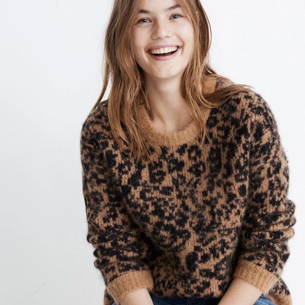MADEWELL Crewneck Pullover Sweater in Leopard Alpaca Merino Wool Oversize Large